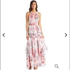 NWT,R&M Richards Long Halter Sheer Portal Printed Chiffon Maxi Dress